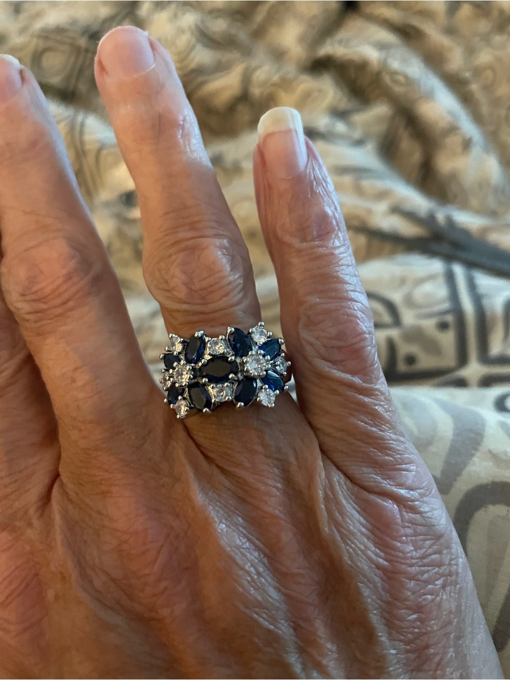 Silver Band Ring with Blue Sapphire and Clear Stones size 6
